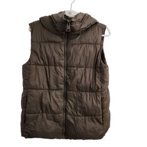 Zara Puffer Vest Womens Large Brown Quilted Jacket Full Zip Hooded Pockets Nylon